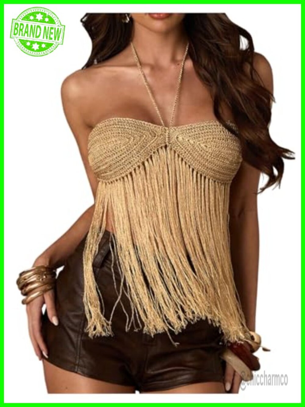 Crochet Fringe Halter Top Tie Backless Crop Boho Concert Outfit